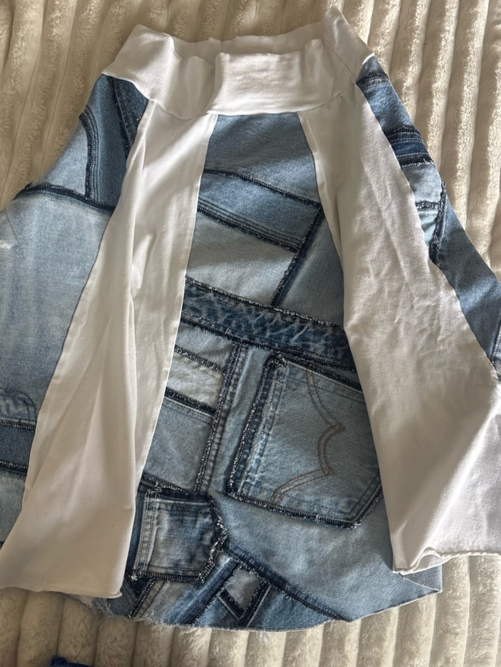 White & Light Blue Denim-Print A-Line Skirt